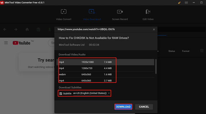 Choose a video format and press DOWNLOAD to download the video in MiniTool Video Converter