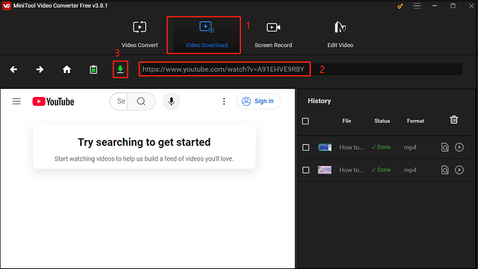 Switch to Video Download, paste the video link into the address bar, and click on Download in MiniTool Video Converter