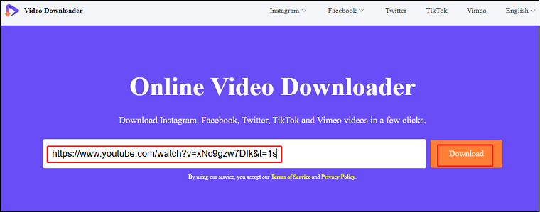 Enter the YouTube video link into the box and press Download in viddown.net