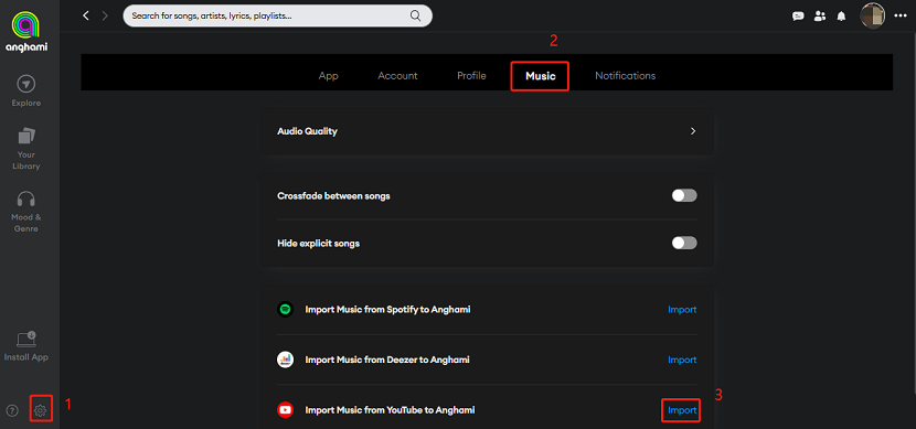 Click on Settings > Music > Import to add YouTube Music songs to Anghami