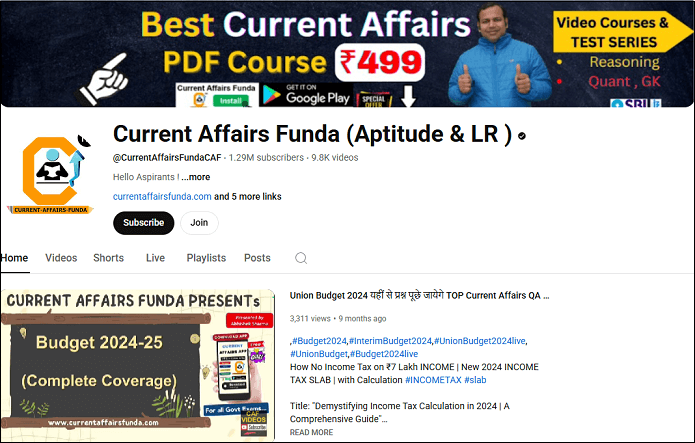 The homepage of the Current Affairs Funda channel on YouTube