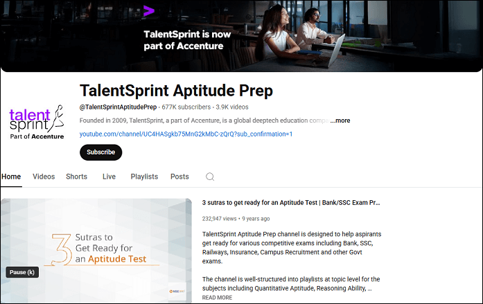 The homepage of TalentSprint Aptitude Prep channel on YouTube