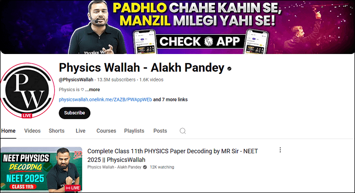 The channel homepage of Physics Wallah – Alakh Pandey on YouTube