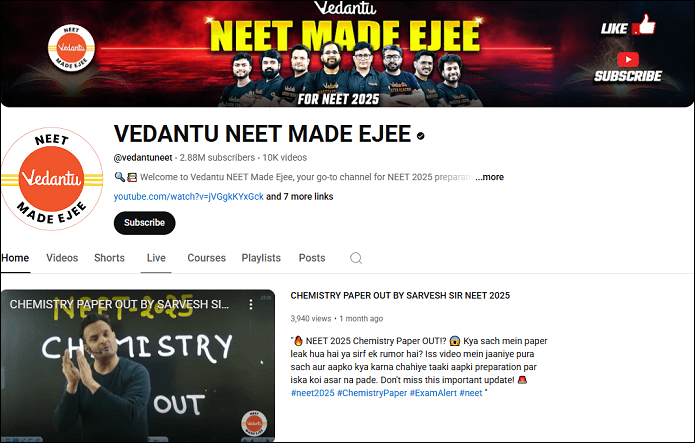The channel homepage of VEDANTU NEET MADE EJEE on YouTube