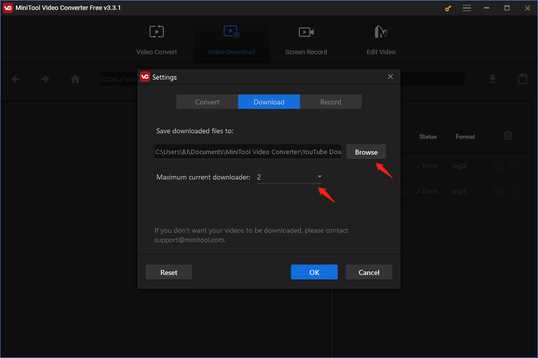 Configurer le chemin de sortie et le nombre de téléchargements