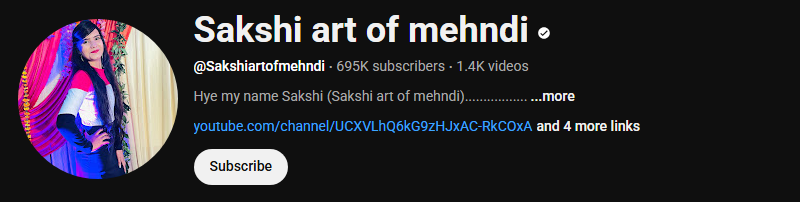The channel homepage of Sakshi art of mehndi