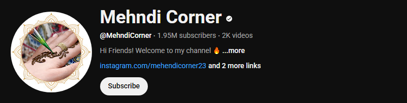 The channel homepage of Mehndi Corner