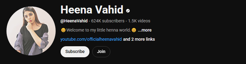 The channel homepage of Heena Vahid
