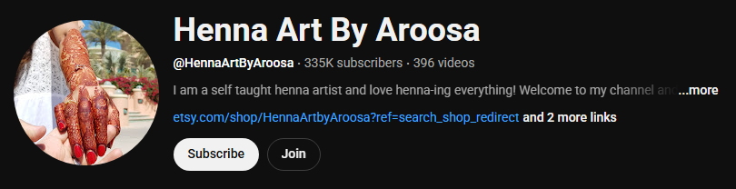 The channel homepage of Henna Art By Aroosa