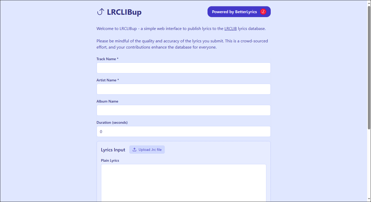 Enter the track title, artist name, album name, duration, lyrics, and then click on Publish Lyrics on LRCLib