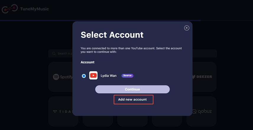 Click Add new account to transfer playlists to another account with TuneMyMusic