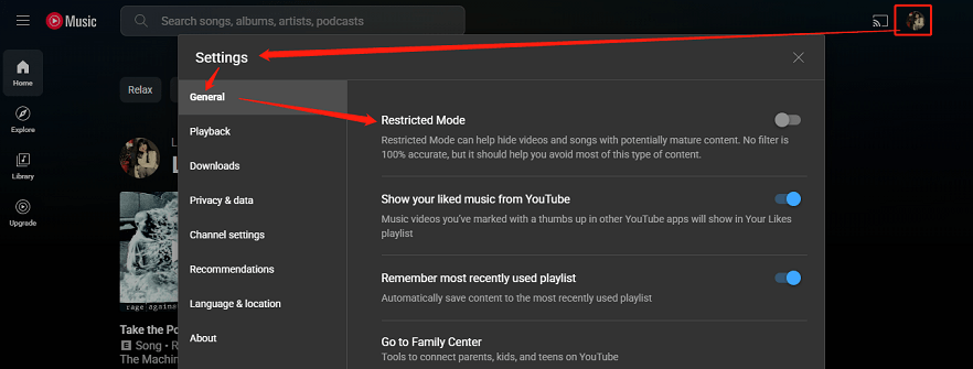 Click on profile picture > Settings > General and turn off Restricted Mode in YouTube Music