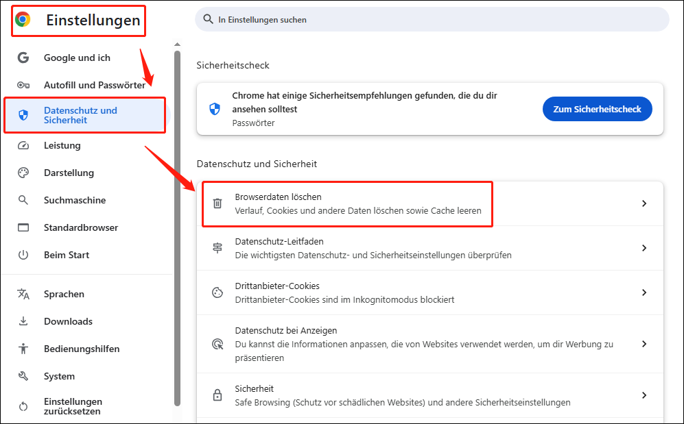 Klicken Sie auf Einstellungen > Datenschutz und Sicherheit > Browserdaten löschen, um den Cache in Google Chrome zu löschen