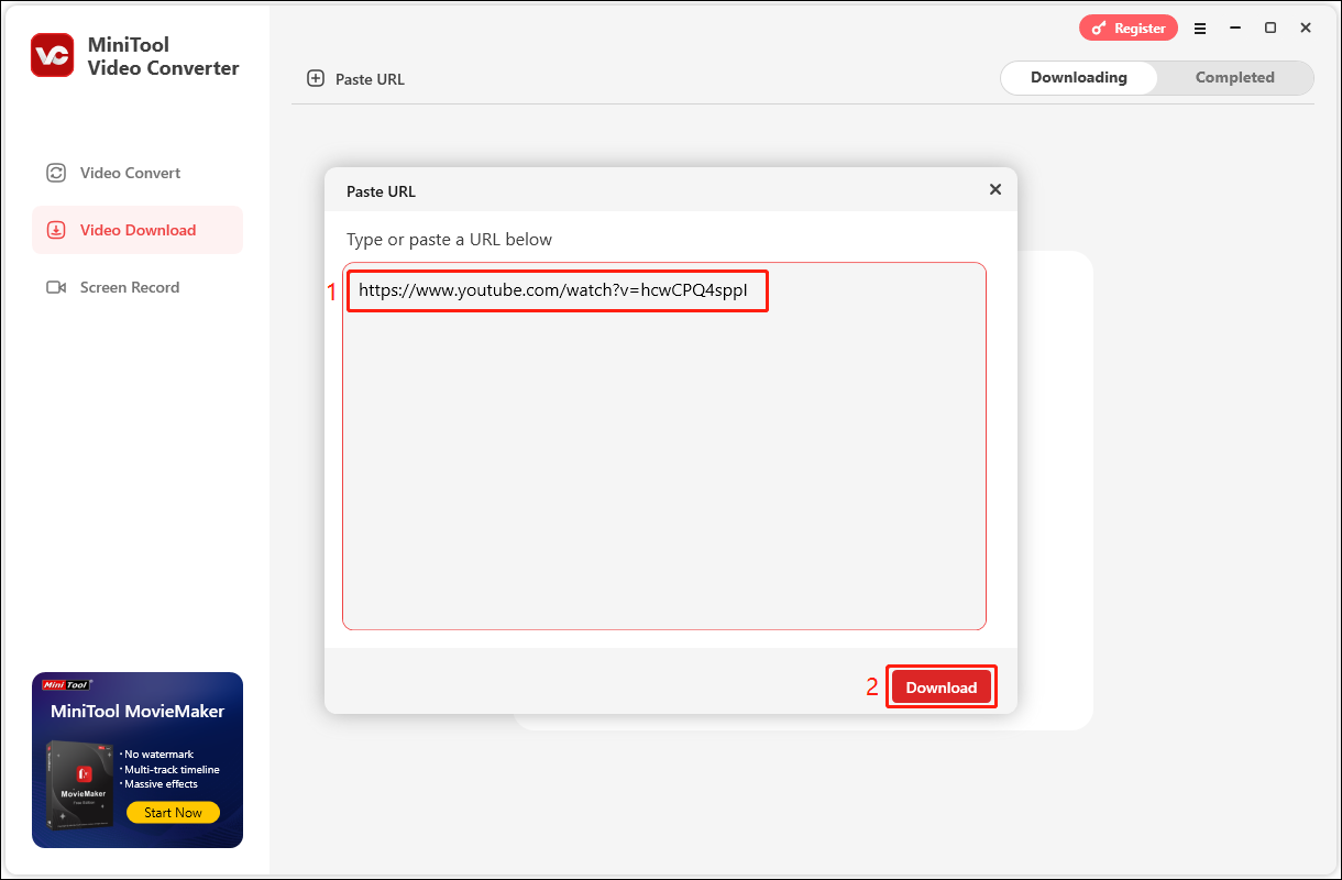 Fügen Sie die Video-URL in das Textfeld ein und klicken Sie in MiniTool Video Converter auf Herunterladen.
