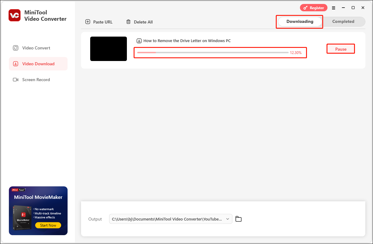 Überprüfen und pausieren Sie den Download-Vorgang unter der Registerkarte Herunterladen in MiniTool Video Converter.