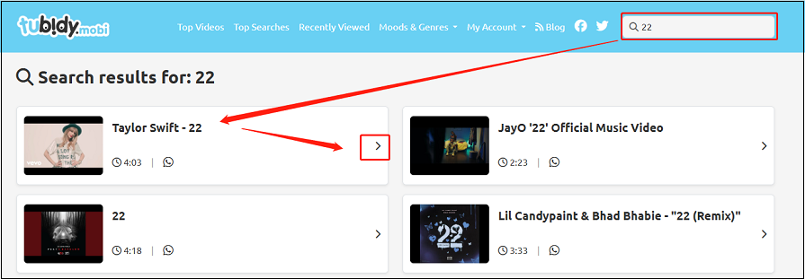 Search the video or music, locate the target video, and click on the right arrow to navigate to the download page in Tubidy