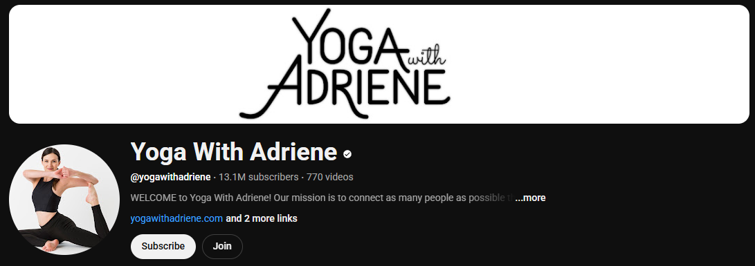 The channel homepage of Yoga With Adriene