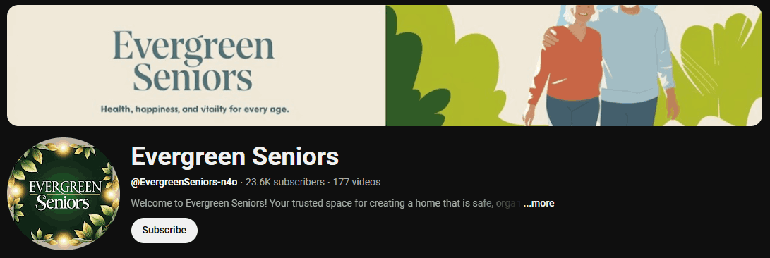 The channel homepage of Evergreen Seniors