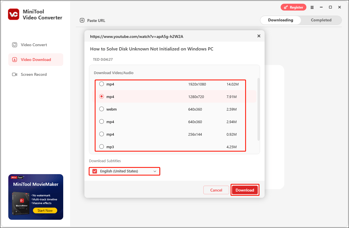Choose the output format, select to download the video subtitles or not, and click on Download in MiniTool Video Converter