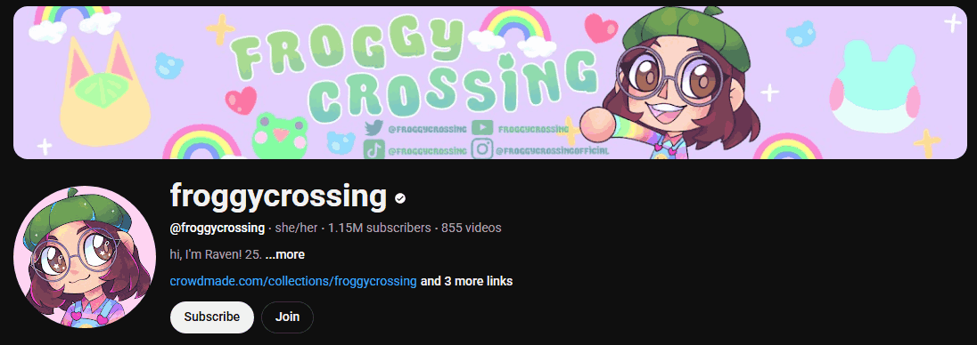 The channel homepage of froggycrossing