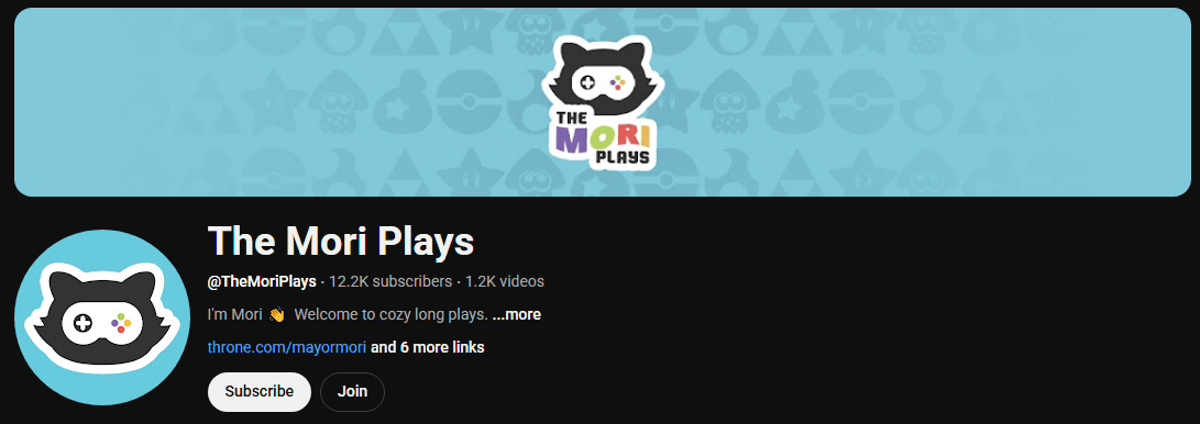 The channel homepage of The Mori Plays