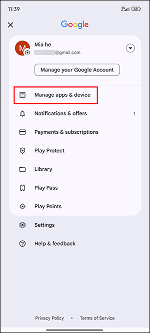 Choose Manage apps & devices in the Google Play Store