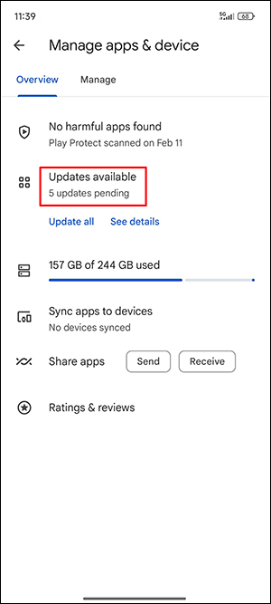 Select the Updates available option in the Google Play Store