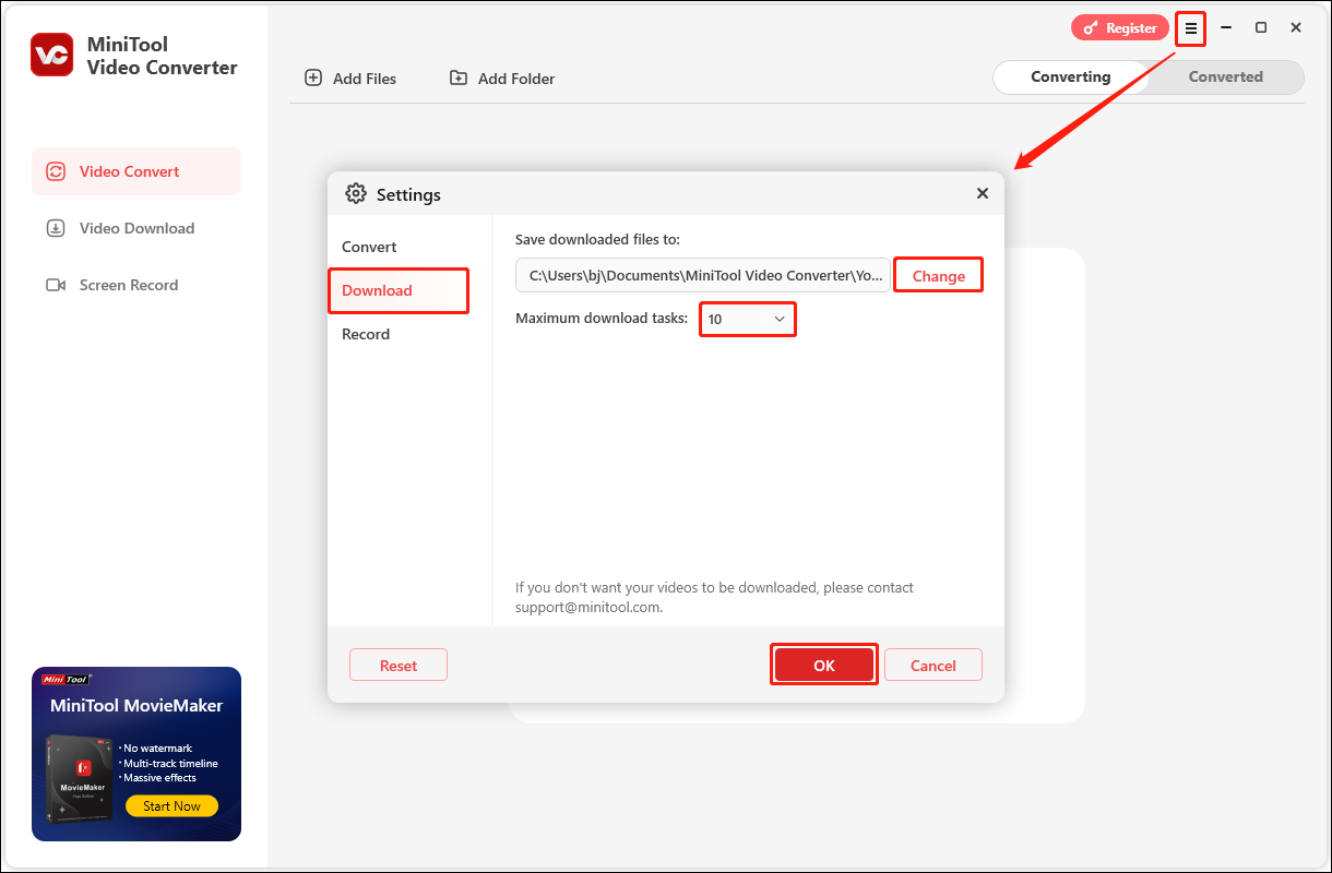 In MiniTool Video Converter, click the hamburger icon to access settings, choose the Download tab, set the file save location and maximum download tasks, and click OK