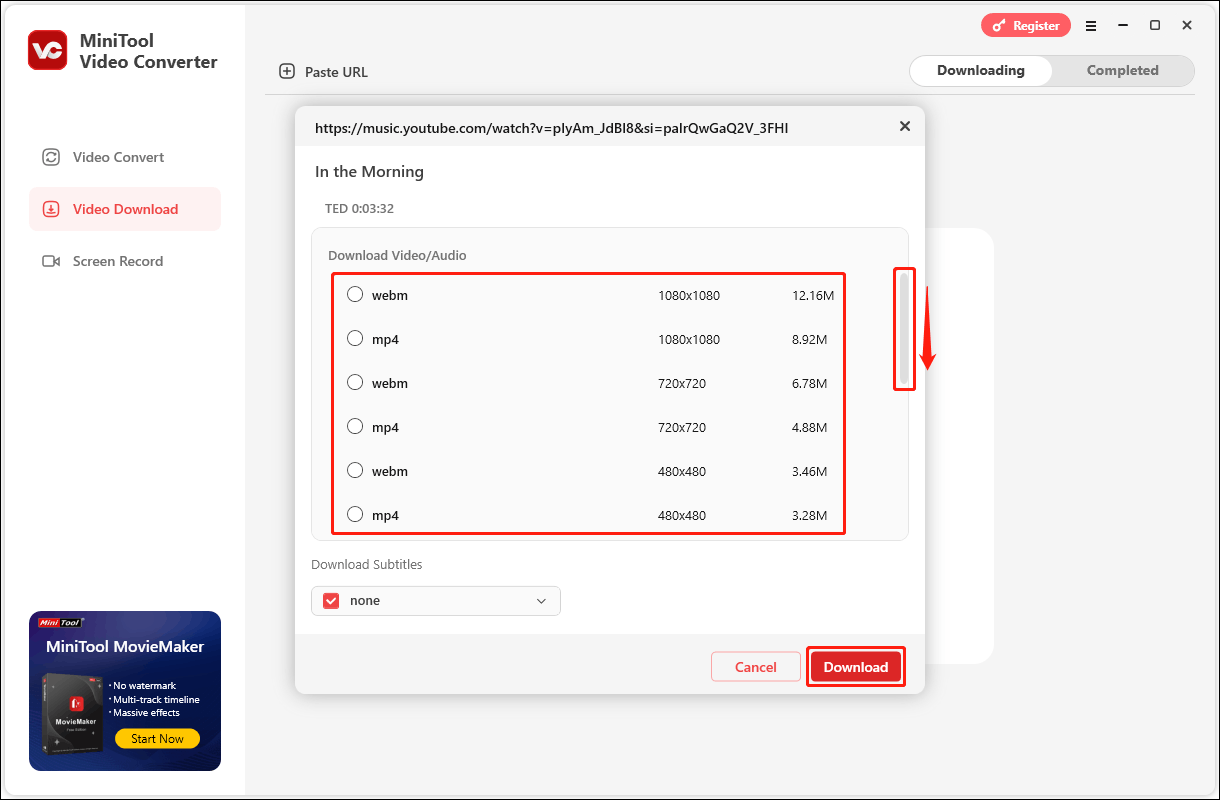 Select the output format and click on Download in MiniTool Video Converter