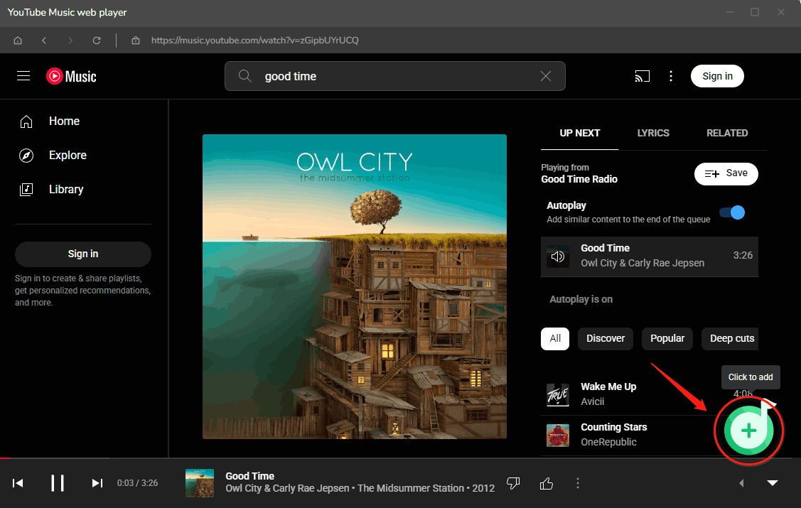 Choose the Click to add icon in the bottom left corner of NoteBurner YouTube Music web player