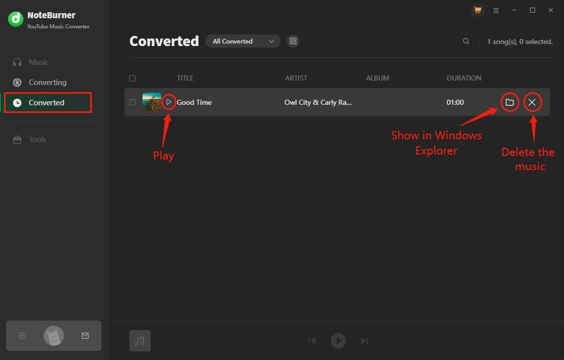 Choose Converted tab, click Play to listen to the music, select Show in Windows Explorer to navigate to the save location, and click Delete the music to remove the song from the converted list in NoteBurner