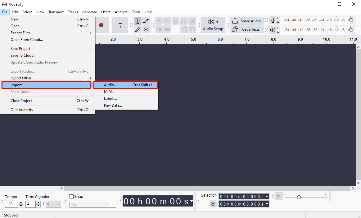 Choose the File tab, select the Import option, and click the Audio option in Audacity