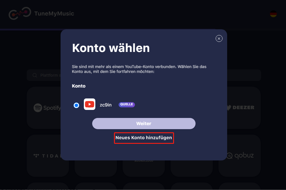 Klicken Sie auf Neues Konto hinzufügen, um Playlists mit TuneMyMusic auf ein anderes Konto zu übertragen.