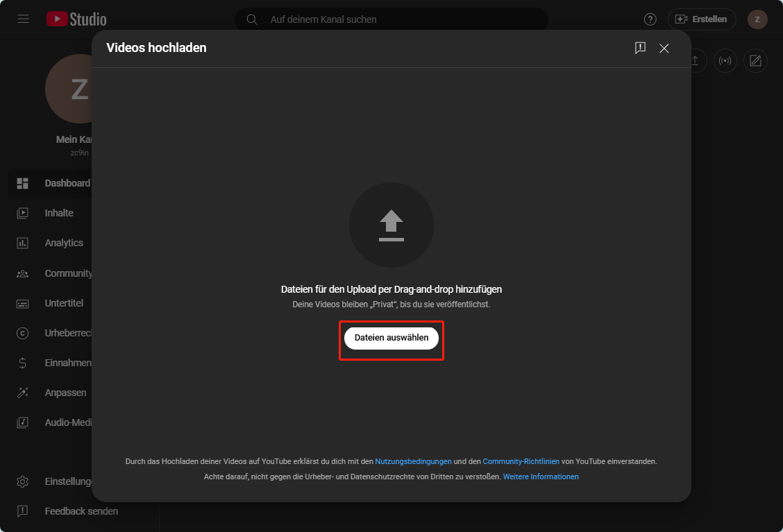 Videos auf Ihr neues Konto hochladen