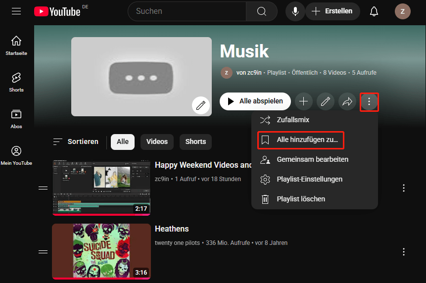 Klicken Sie auf das Drei-Punkte-Symbol und klicken Sie auf „Alle hinzufügen zu…“