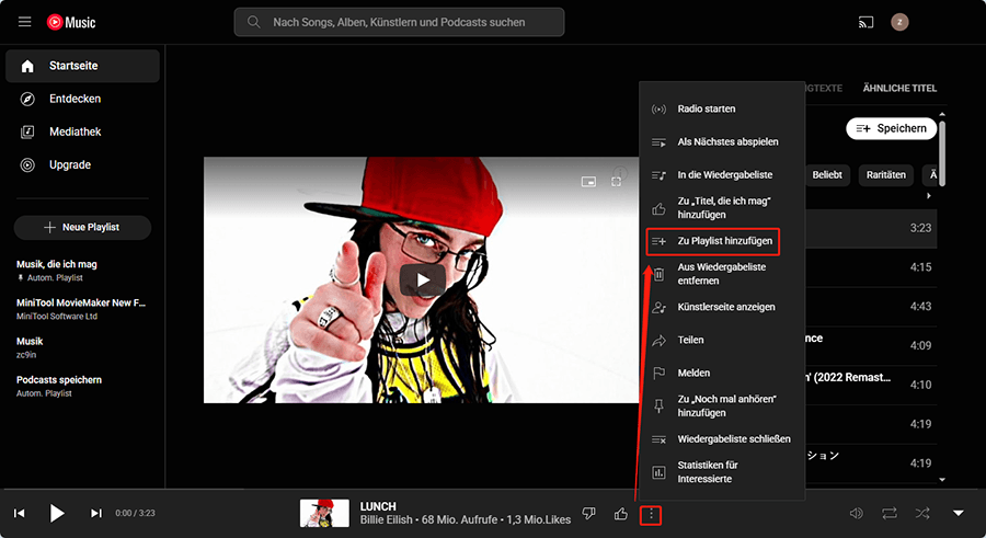Klicken Sie auf drei Punkte und wählen Sie zu Playlist hinzufügen