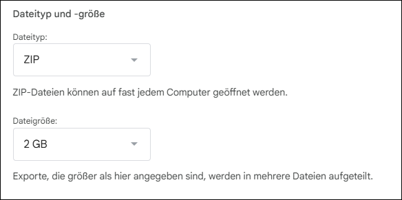 Wählen Sie Dateityp und -größe