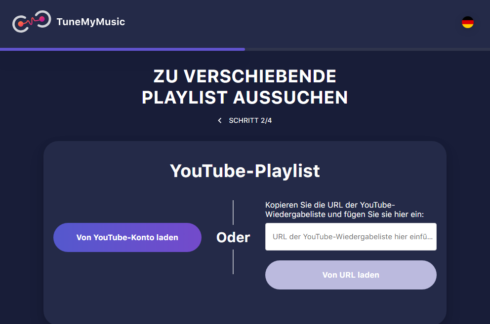Wählen Sie die Playlists aus, indem Sie sie aus dem YouTube-Konto laden oder die Playlist-URL in TuneMyMusic einfügen.
