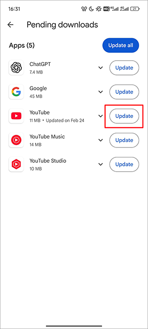 Update the YouTube app in the Play Store
