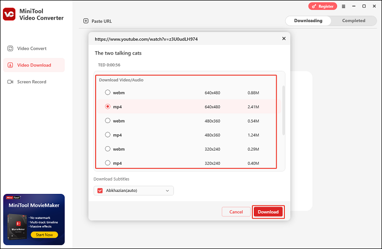 Select the output format and click Download to start downloading with MiniTool Video Converter