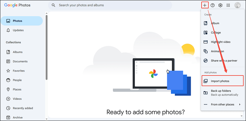 Click the + icon and choose Import photos to import YouTube videos to Google Photos