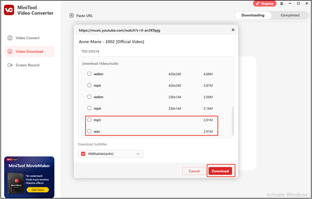 Choose one of the output audio formats and click on Download to download the YouTube Music song in MiniTool Video Converter