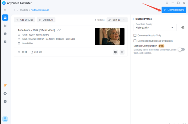 Click on Download Now to start downloading the music in Any Video Converter
