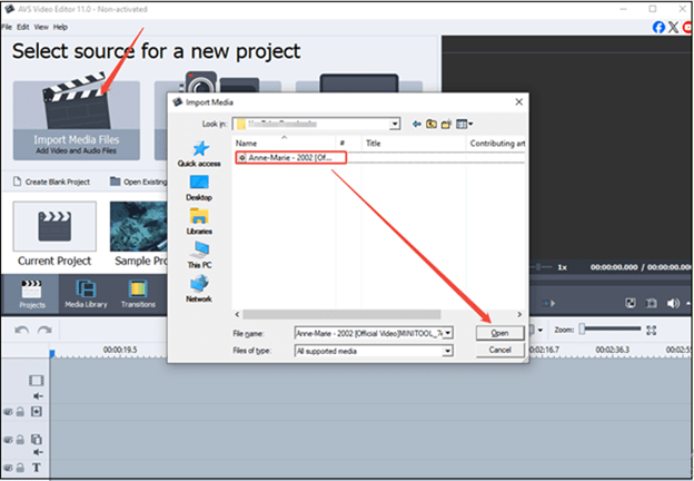 Click on Import Media Files, choose the downloaded music, and click on Open to import it to AVS Video Editor