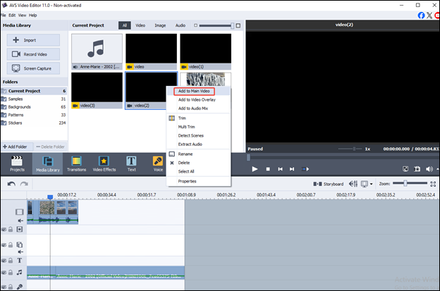 Right-click on the video file and select Add to Main Video to add the video to the timeline of AVS Video Editor