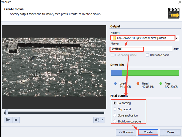 Customize the saved position of the edited video, rename the video file, choose final actions, and click on Create to export the edited video