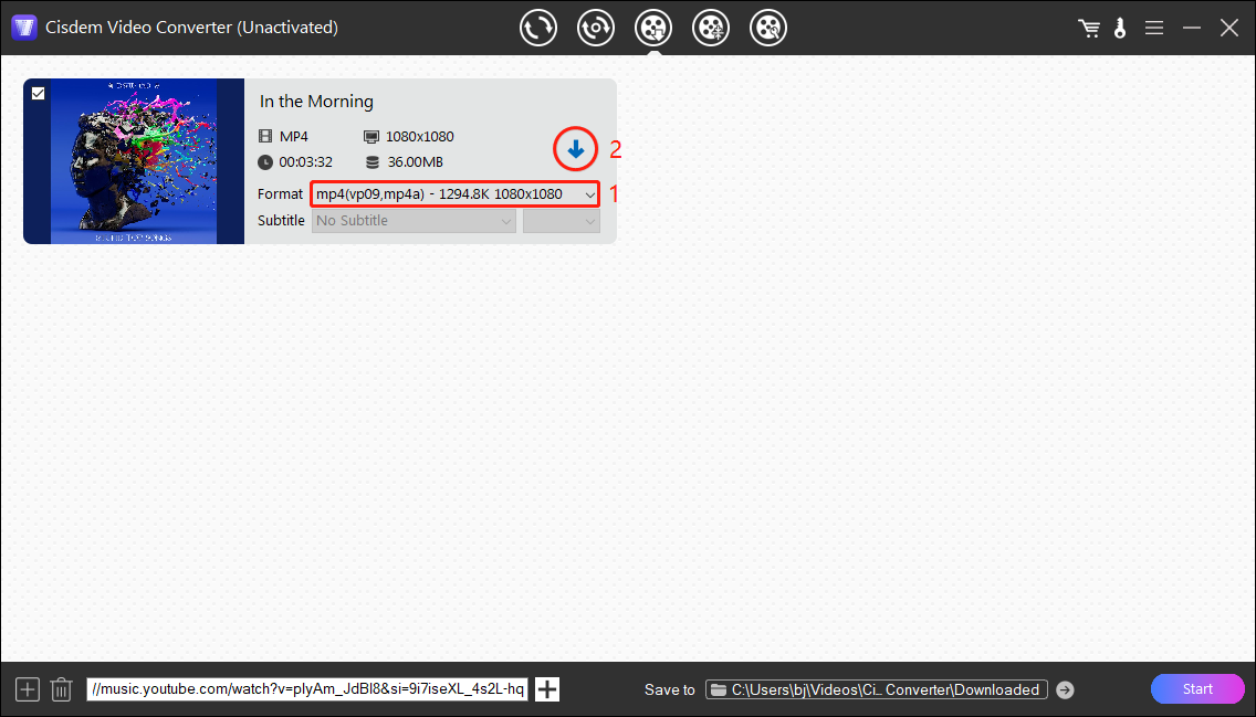 Choose the output format from the Format option and click the download button in Cisdem Video Converter