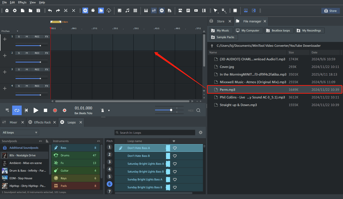 Drag and drop the audio file from the File manager section to the audio track section in Magix Music Maker