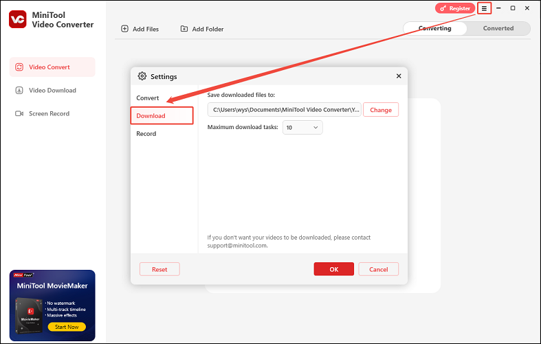 Click the three horizontal lines icon and go to the Download tab to specify download settings in MiniTool Video Converter