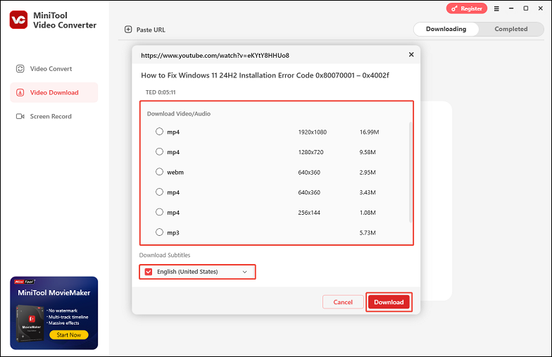 Select the download format, download the video subtitles, and click on Download to start saving with MiniTool Video Converter